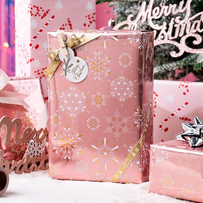 MAYPLUSS Pink Christmas Wrapping Paper Roll - 17IN X 33FT - Gift Wrapping Paper Featuring Gold and White Snowflake Reversible Candy Cane for Kids, Holiday, New Year - Image 3
